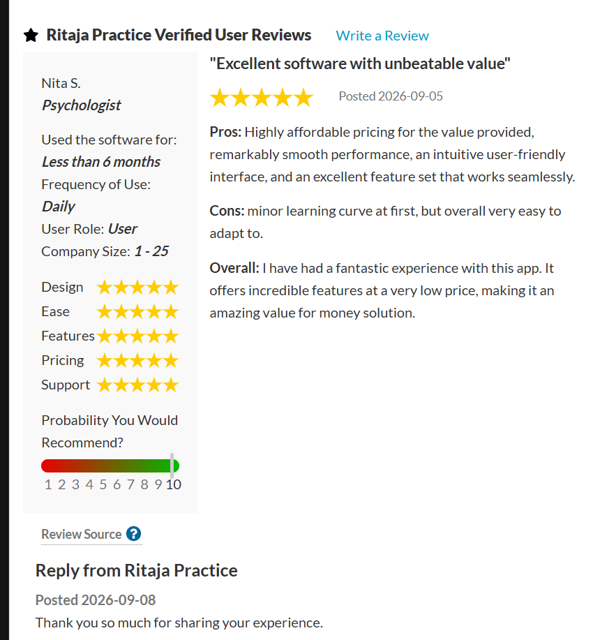 SourceForge review from Nita S., Psychologist: 5 out of 5 stars, titled 'Excellent software with unbeatable value.' Pros: highly affordable pricing for the value provided, remarkably smooth performance, an intuitive user-friendly interface, and an excellent feature set that works seamlessly. Cons: minor learning curve at first, but overall very easy to adapt to. Overall: fantastic experience, incredible features at a very low price.